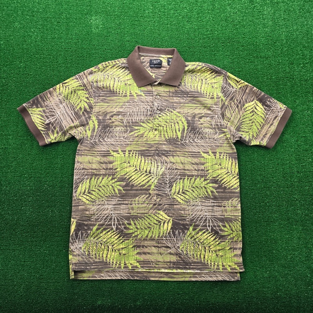 Vintage Izod Golf Polo Shirt Mens Medium Earth Tone Floral Leaf All Over Print